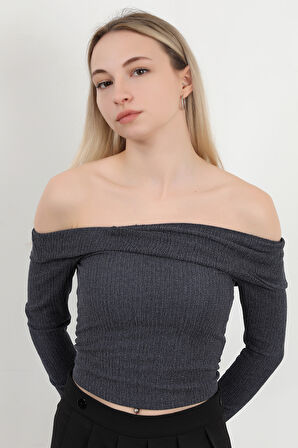 Kadın Madonna Yaka Uzun Kollu Bürümcük Bluz Lacivert - MS0000589