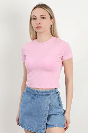 Kadın Bisiklet Yaka Pamuklu Basic T-Shirt Pembe – MS0000102