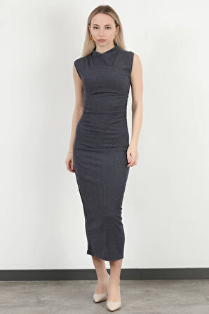 Kadın Dik Yaka Büzgü Detaylı Dokulu Elbise Lacivert - MS0000588