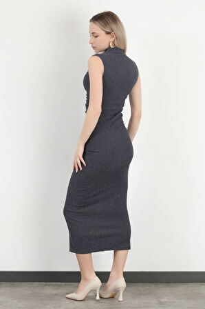 Kadın Dik Yaka Büzgü Detaylı Dokulu Elbise Lacivert - MS0000588