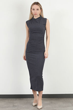 Kadın Dik Yaka Büzgü Detaylı Dokulu Elbise Lacivert - MS0000588