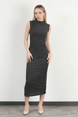 Kadın Dik Yaka Büzgü Detaylı Dokulu Elbise Antrasit - MS0000588