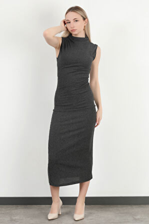 Kadın Dik Yaka Büzgü Detaylı Dokulu Elbise Antrasit - MS0000588