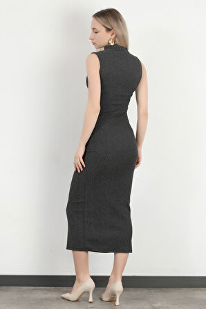 Kadın Dik Yaka Büzgü Detaylı Dokulu Elbise Antrasit - MS0000588