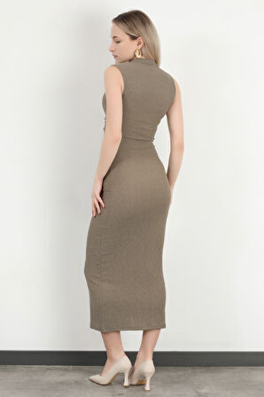 Kadın Dik Yaka Büzgü Detaylı Dokulu Elbise Haki - MS0000588