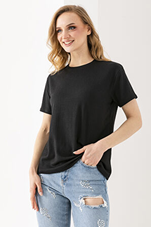 Kadın Bisiklet Yaka Bürümcük Basic T-Shirt Siyah - 254413