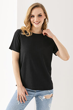 Kadın Bisiklet Yaka Bürümcük Basic T-Shirt Siyah - 254413