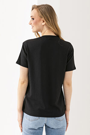 Kadın Bisiklet Yaka Bürümcük Basic T-Shirt Siyah - 254413
