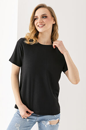 Kadın Bisiklet Yaka Bürümcük Basic T-Shirt Siyah - 254413