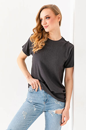 Kadın Bisiklet Yaka Bürümcük Basic T-Shirt Antrasit - 254413