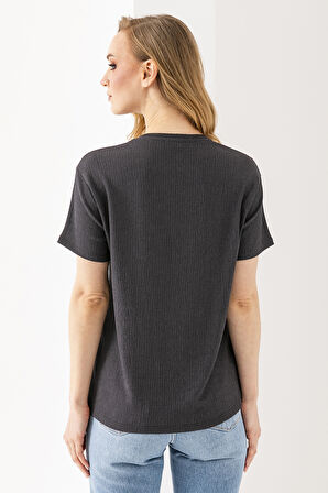 Kadın Bisiklet Yaka Bürümcük Basic T-Shirt Antrasit - 254413