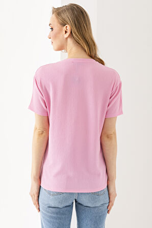 Kadın Bisiklet Yaka Bürümcük Basic T-Shirt Pembe - 254413
