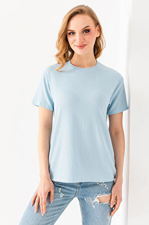 Kadın Bisiklet Yaka Bürümcük Basic T-Shirt Mavi - 254413