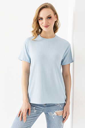 Kadın Bisiklet Yaka Bürümcük Basic T-Shirt Mavi - 254413