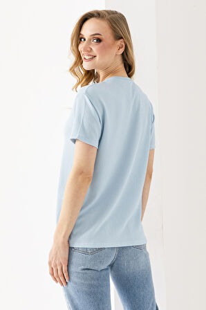 Kadın Bisiklet Yaka Bürümcük Basic T-Shirt Mavi - 254413