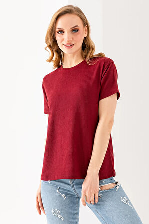 Kadın Bisiklet Yaka Bürümcük Basic T-Shirt Bordo - 254413