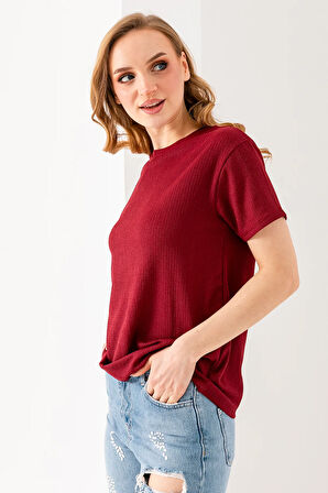 Kadın Bisiklet Yaka Bürümcük Basic T-Shirt Bordo - 254413