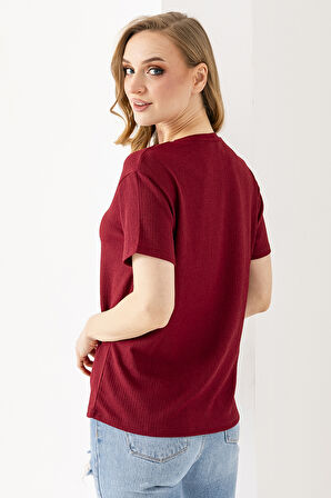 Kadın Bisiklet Yaka Bürümcük Basic T-Shirt Bordo - 254413