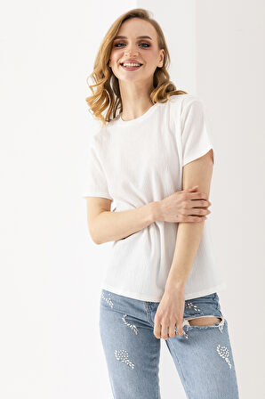 Kadın Bisiklet Yaka Bürümcük Basic T-Shirt Beyaz - 254413