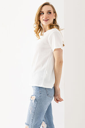 Kadın Bisiklet Yaka Bürümcük Basic T-Shirt Beyaz - 254413