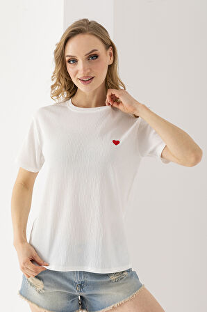Kadın Bisiklet Yaka Kalp Nakışlı Bürümcük T-Shirt Beyaz - 254427