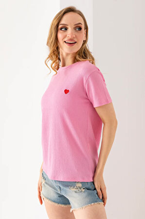Kadın Bisiklet Yaka Kalp Nakışlı Bürümcük T-Shirt Pembe - 254427