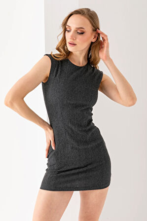 Kadın Bisiklet Yaka Kolsuz Dokulu Elbise Antrasit - MS0000576