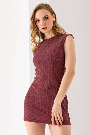 Kadın Bisiklet Yaka Kolsuz Dokulu Elbise Mürdüm - MS0000576