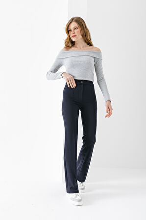 Kadın Yüksek Bel Toparlayıcı Likralı Bol Paça Pantolon Lacivert - 5111