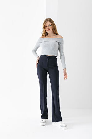Kadın Yüksek Bel Toparlayıcı Likralı Bol Paça Pantolon Lacivert - 5111