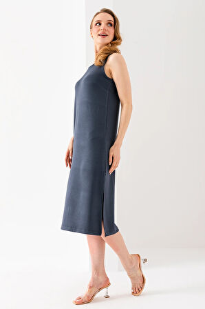 Kadın Bisiklet Yaka Kolsuz Yırtmaçlı Elbise Antrasit - 25Y 6267