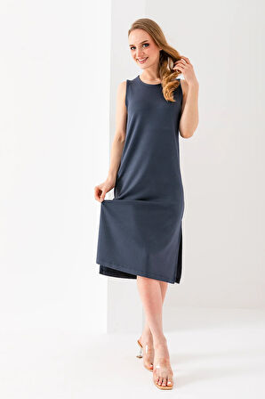 Kadın Bisiklet Yaka Kolsuz Yırtmaçlı Elbise Antrasit - 25Y 6267