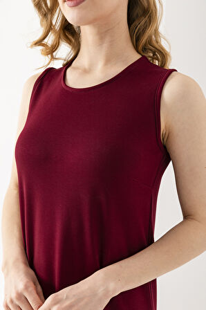 Kadın Bisiklet Yaka Kolsuz Yırtmaçlı Elbise Bordo - 25Y 6267