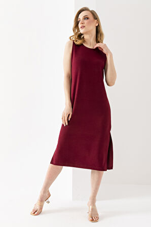Kadın Bisiklet Yaka Kolsuz Yırtmaçlı Elbise Bordo - 25Y 6267
