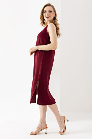 Kadın Bisiklet Yaka Kolsuz Yırtmaçlı Elbise Bordo - 25Y 6267