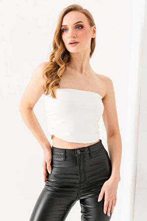 Kadın Büzgülü Straplez Bluz Beyaz - 2960