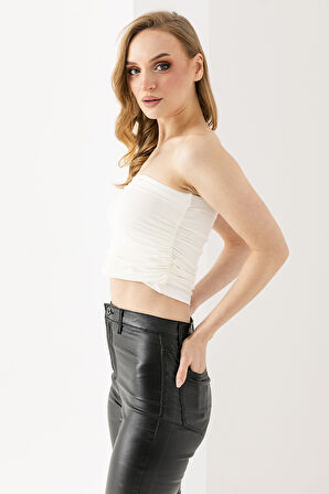 Kadın Büzgülü Straplez Bluz Beyaz - 2960