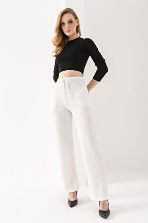 Kadın İnce Kemerli Bağlamalı Cepli Pantolon Beyaz - 25Y 2270