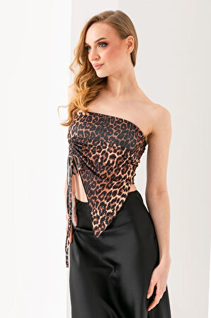 Kadın Büzgülü Asimetrik Kesim Straplez Bluz Leopar - 2453