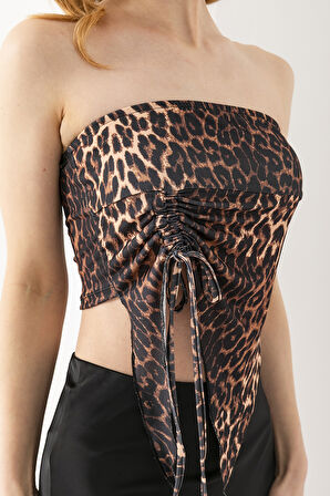 Kadın Büzgülü Asimetrik Kesim Straplez Bluz Leopar - 2453