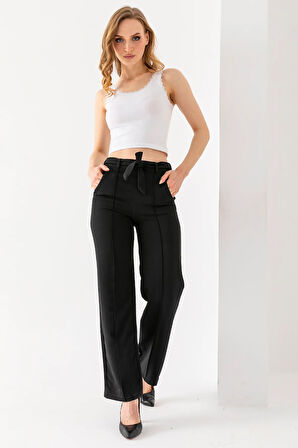 Kadın Beli Lastikli Kuşaklı Bol Paça Pantolon Siyah - 241108