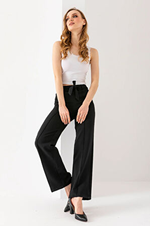 Kadın Beli Lastikli Kuşaklı Bol Paça Pantolon Siyah - 241108