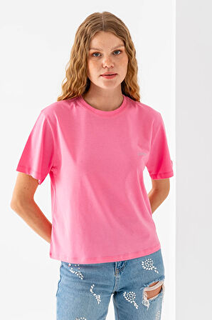 Kadın Bisiklet Yaka Taş Baskılı Pamuklu T-Shirt Pembe - 925023