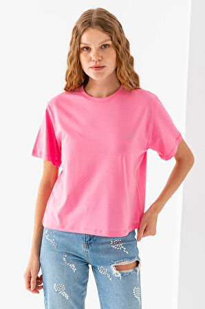 Kadın Bisiklet Yaka Taş Baskılı Pamuklu T-Shirt Pembe - 925023