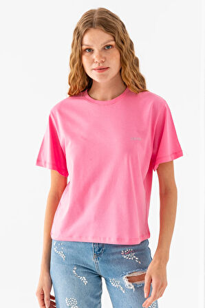 Kadın Bisiklet Yaka Taş Baskılı Pamuklu T-Shirt Pembe - 925023