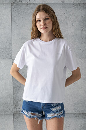 Kadın Bisiklet Yaka Taş Baskılı Pamuklu T-Shirt Beyaz - 925023