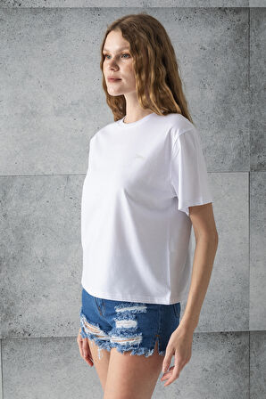 Kadın Bisiklet Yaka Taş Baskılı Pamuklu T-Shirt Beyaz - 925023