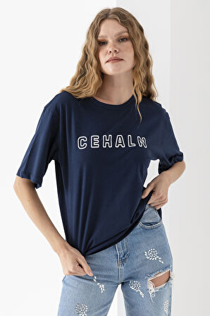 Kadın Bisiklet Yaka Cehaln Baskılı Pamuklu T-Shirt Lacivert - 925015