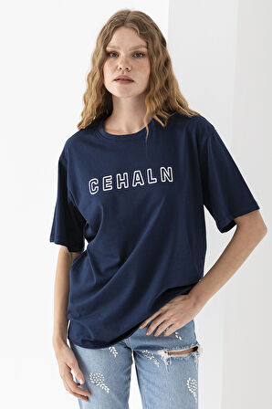 Kadın Bisiklet Yaka Cehaln Baskılı Pamuklu T-Shirt Lacivert - 925015