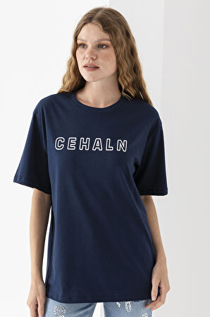 Kadın Bisiklet Yaka Cehaln Baskılı Pamuklu T-Shirt Lacivert - 925015